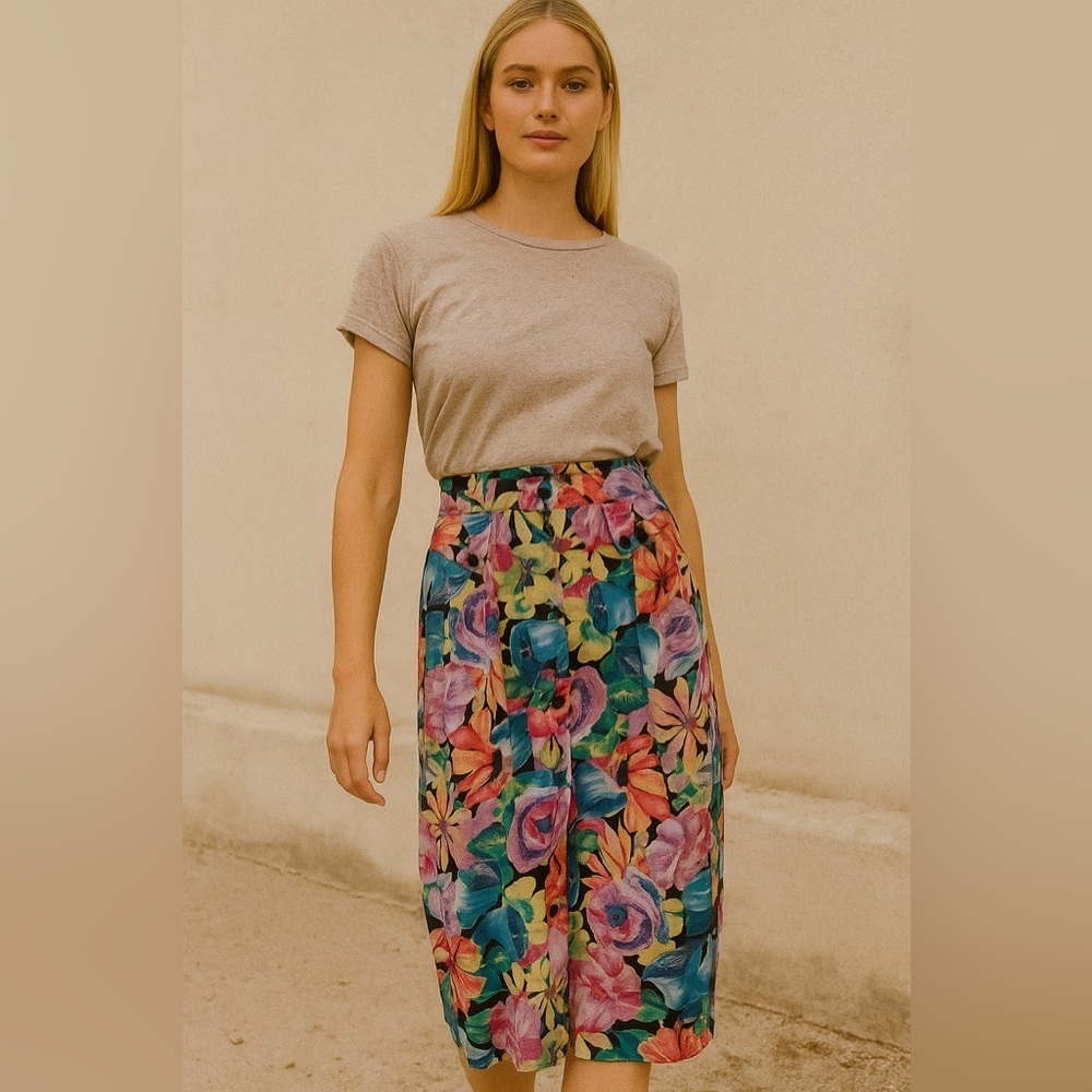 Vintage Midi Skirt Vibrant Floral Pink Blue Yellow Stretch Button Front size S M